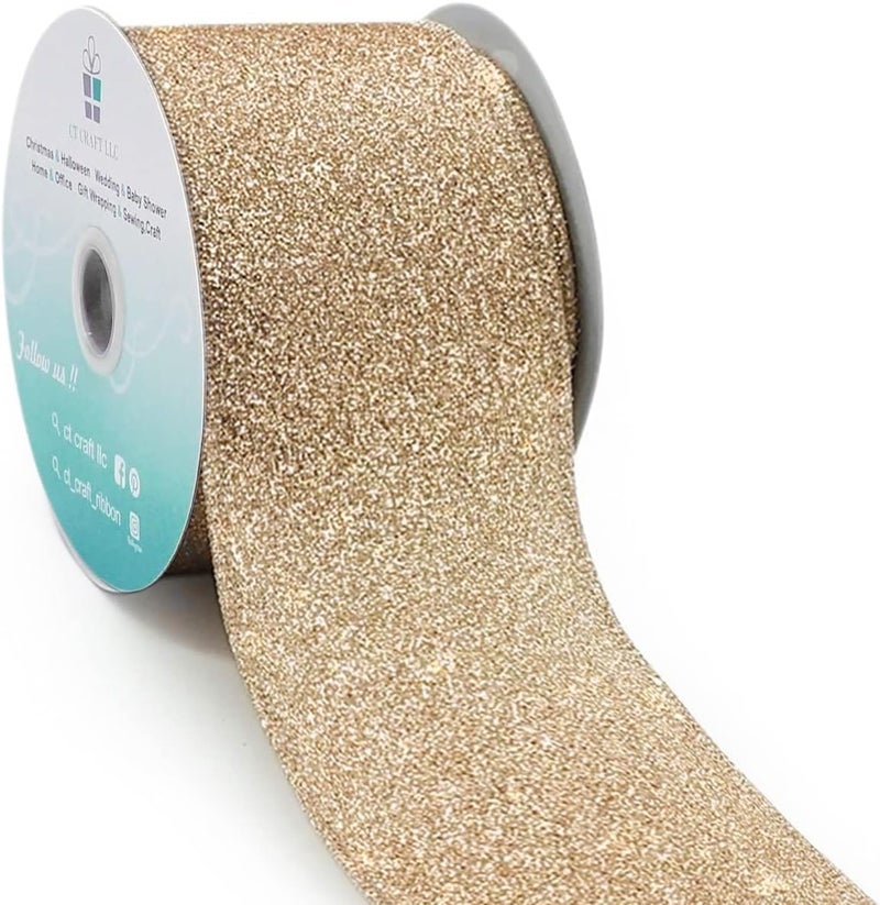 CT CRAFT LLC Glitter Wired Ribbon 2.5" x 10 Yards Gold (Champagne Gold) for Christmas Home Decor Bow Gift Wrapping DIY Crafts Wreath - Image 1